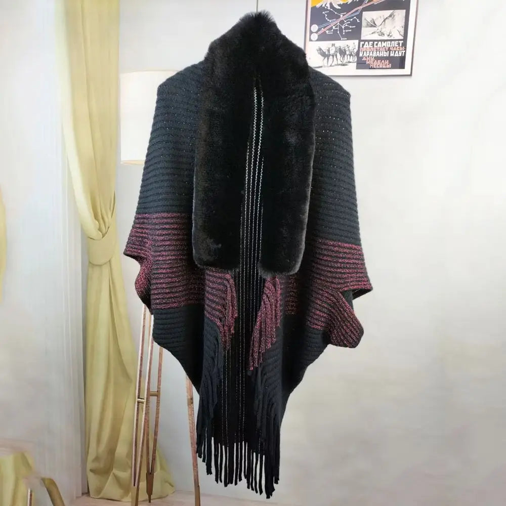 Cárdigan de moda, capa, manto, cuello de piel sintética, bufandas de felpa, chal de punto, cálido para invierno