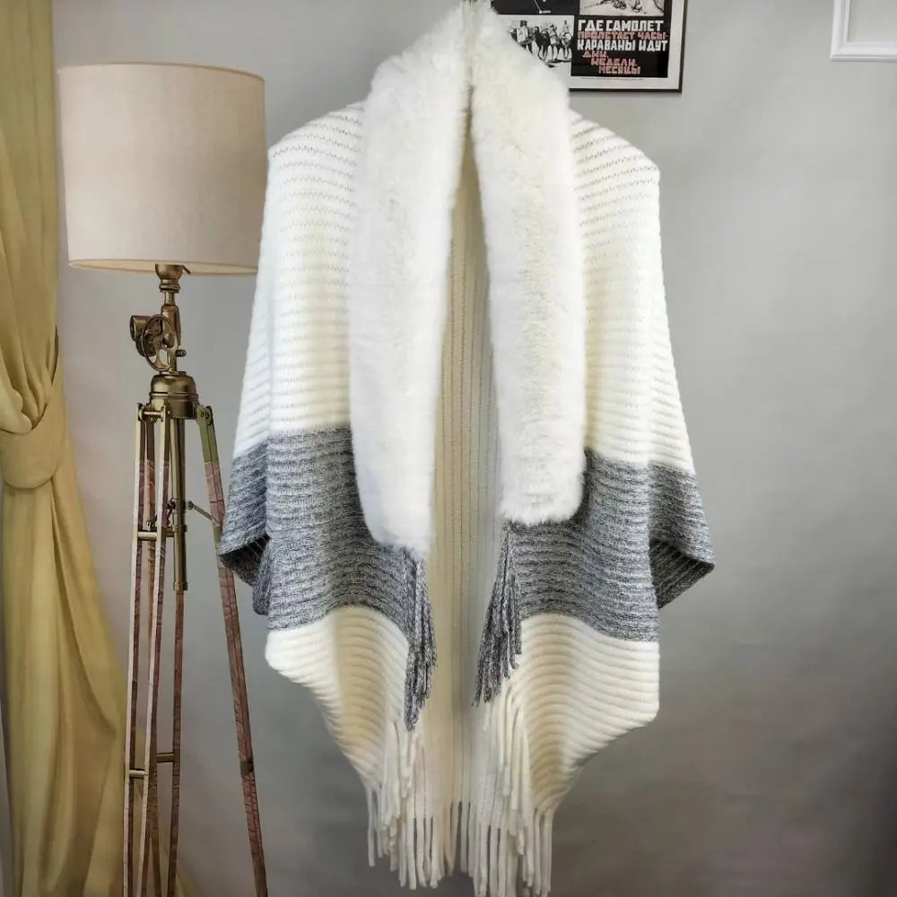 Cárdigan de moda, capa, manto, cuello de piel sintética, bufandas de felpa, chal de punto, cálido para invierno
