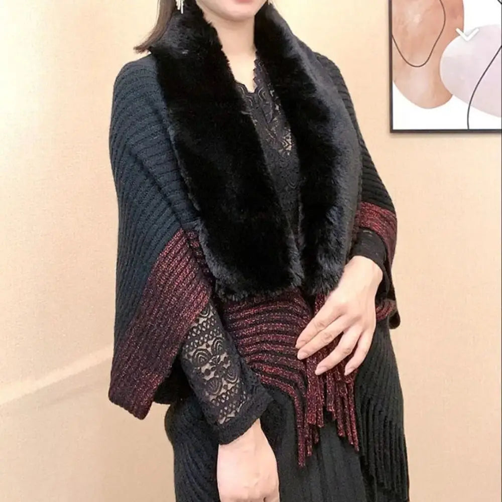 Cárdigan de moda, capa, manto, cuello de piel sintética, bufandas de felpa, chal de punto, cálido para invierno