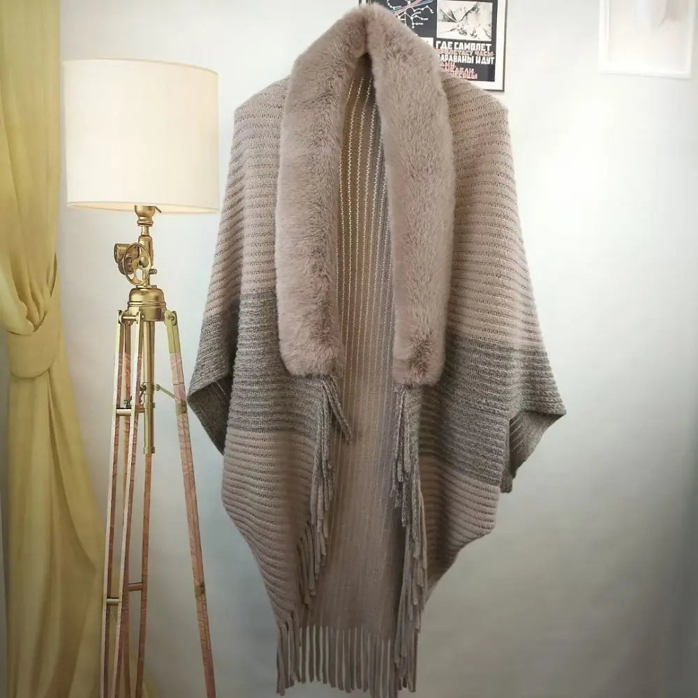 Cárdigan de moda, capa, manto, cuello de piel sintética, bufandas de felpa, chal de punto, cálido para invierno