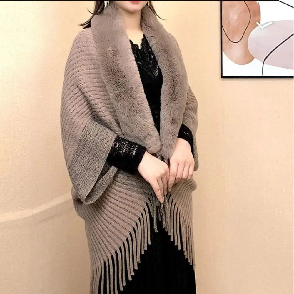 Cárdigan de moda, capa, manto, cuello de piel sintética, bufandas de felpa, chal de punto, cálido para invierno
