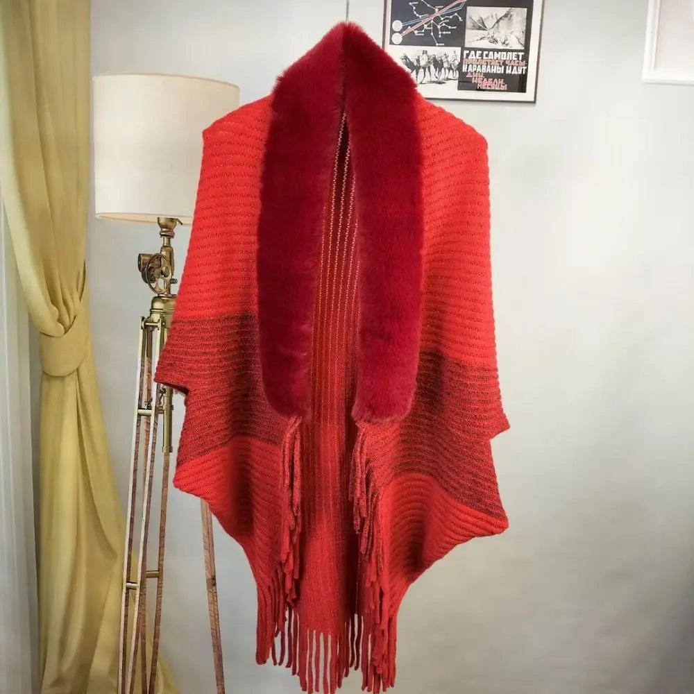 Cárdigan de moda, capa, manto, cuello de piel sintética, bufandas de felpa, chal de punto, cálido para invierno