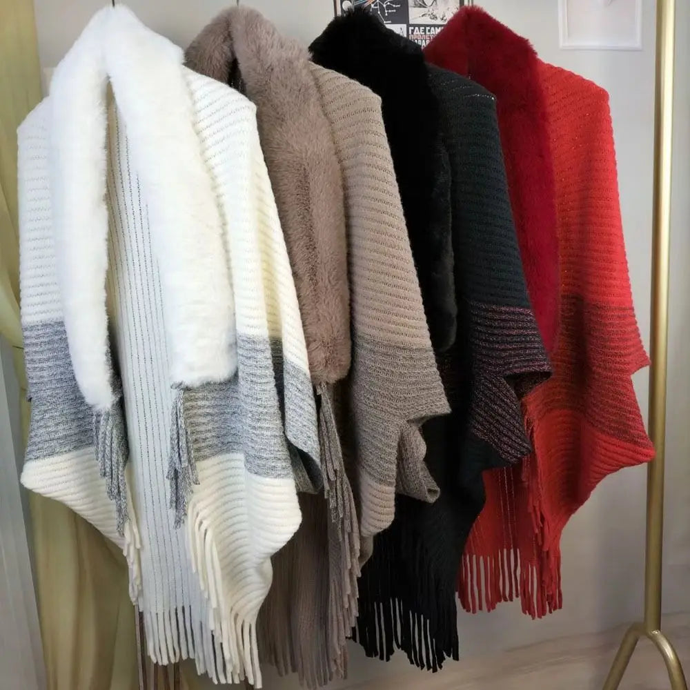 Cárdigan de moda, capa, manto, cuello de piel sintética, bufandas de felpa, chal de punto, cálido para invierno