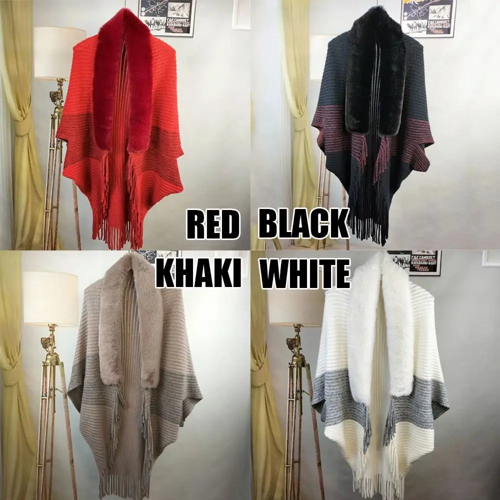 Cárdigan de moda, capa, manto, cuello de piel sintética, bufandas de felpa, chal de punto, cálido para invierno