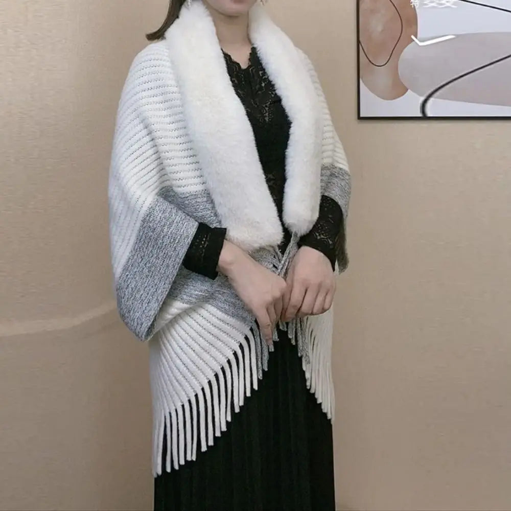 Cárdigan de moda, capa, manto, cuello de piel sintética, bufandas de felpa, chal de punto, cálido para invierno