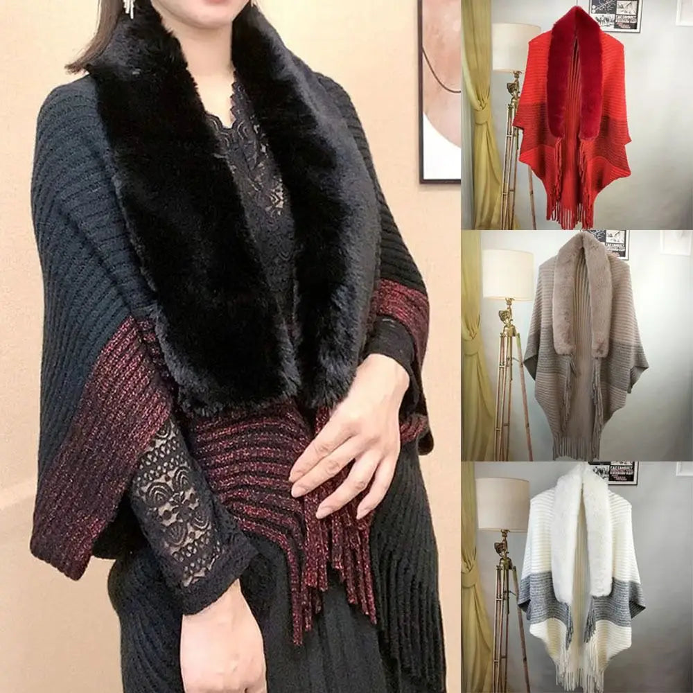 Cárdigan de moda, capa, manto, cuello de piel sintética, bufandas de felpa, chal de punto, cálido para invierno